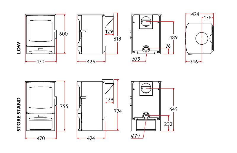 Charnwood Aire 5 Wymiary pieca wolnostojącego firmy charnwood model Aire 5