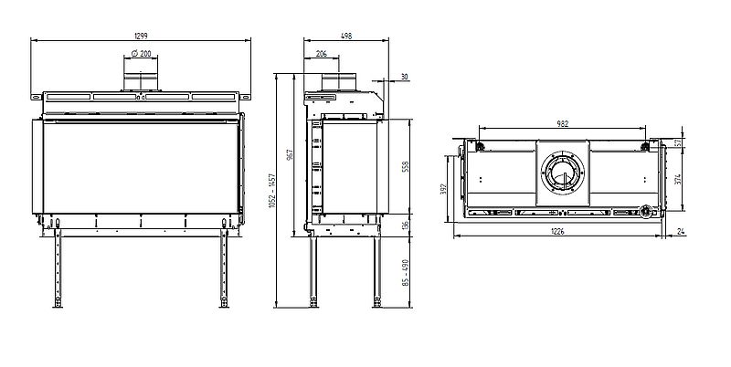 Hoxter Ecka G 115 Lewy lub Prawy wymiary wkładu kominkowego gazowego Hoxter model Ecka G 115 L