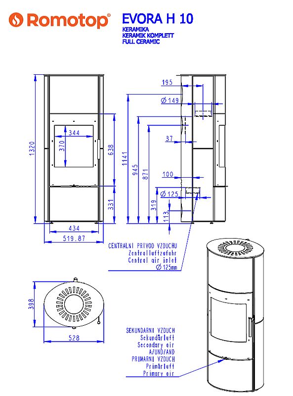 Romotop Evora H Ceramika  wymiary pieca wolnostojącego romotop model Evora H ceramika
