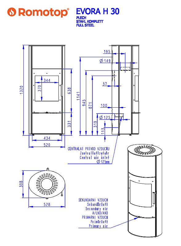 Romotop Evora H metal wymiary pieca wolnostojącego romotop model Evora H metal