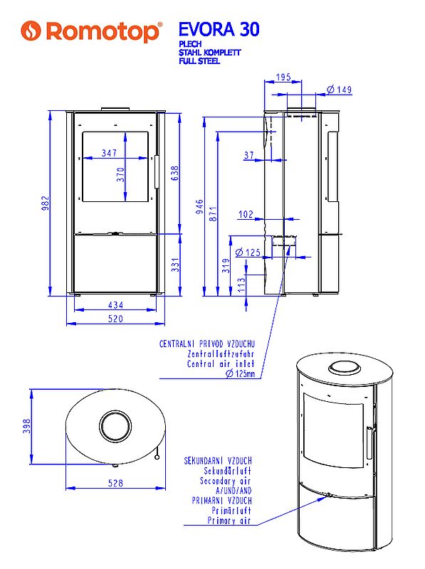 Romotop Evora metal wymiary pieca wolnostojącego romotop model Evora metal