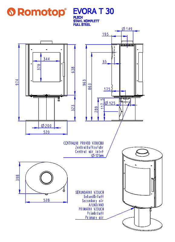Romotop Evora T metal wymiary pieca wolnostojącego romotop model Evora T metal