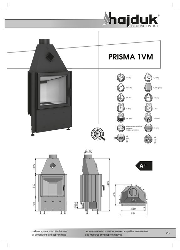 Hajduk Prisma 1VM wymiary wkładu kominkowego Hajduk Prisma 1VM