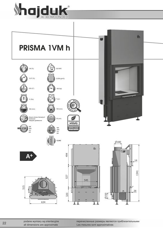 Hajduk Prisma 1VMh wymiary wkładu kominkowego Hajduk Prisma 1VMh