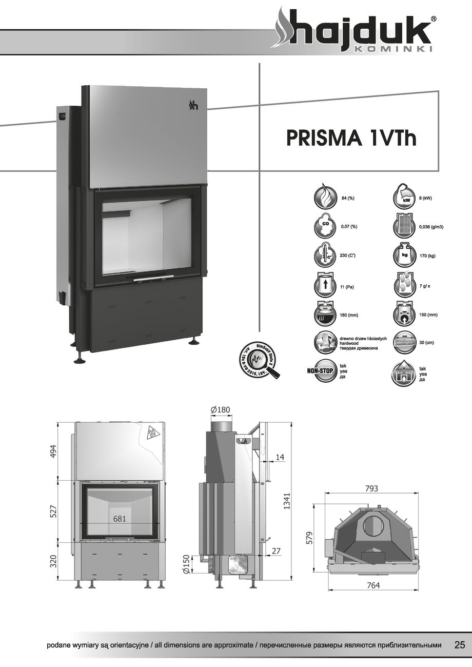 Hajduk Prisma 1VTh wymiary wkładu kominkowego Hajduk Prisma 1VTh