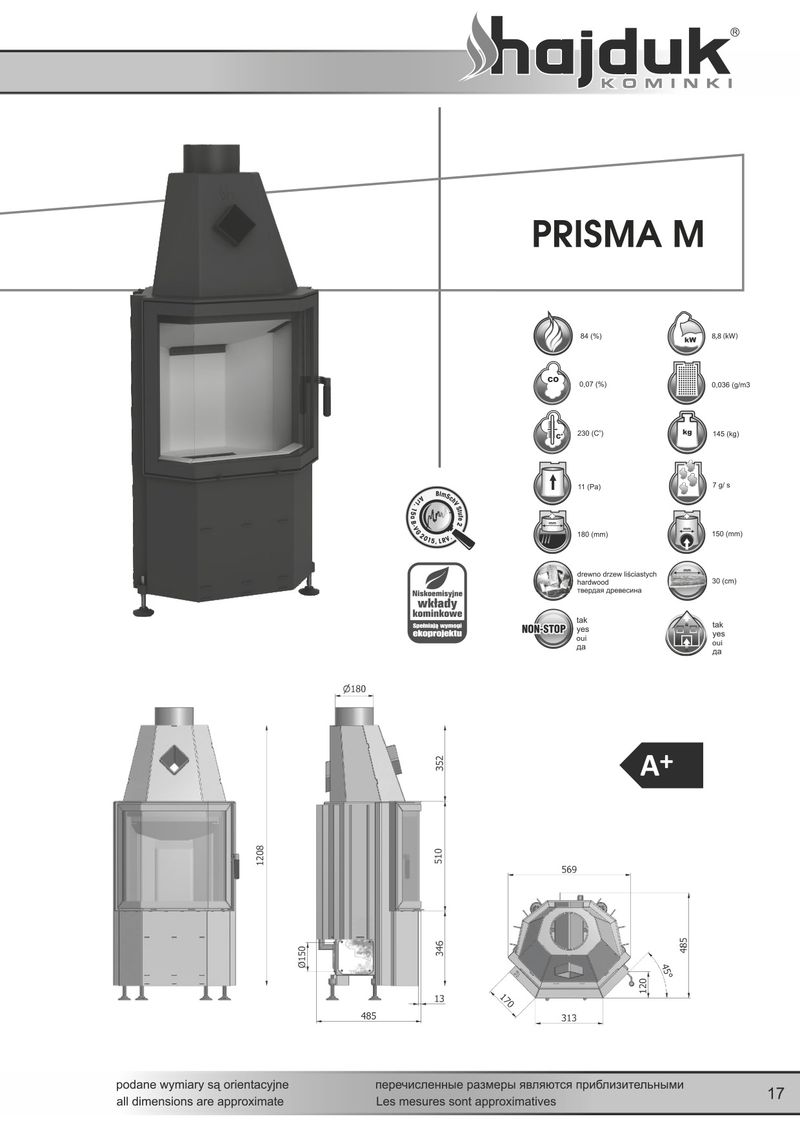 Hajduk Prisma M wymiary wkładu kominkowego Hajduk Prisma M