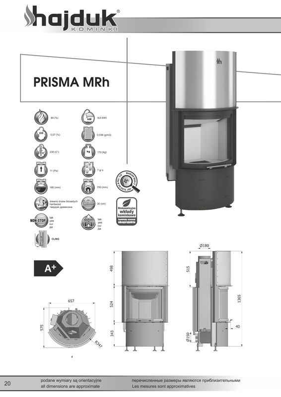 Hajduk Prisma MRh wymiary wkładu kominkowego Hajduk Prisma MRh
