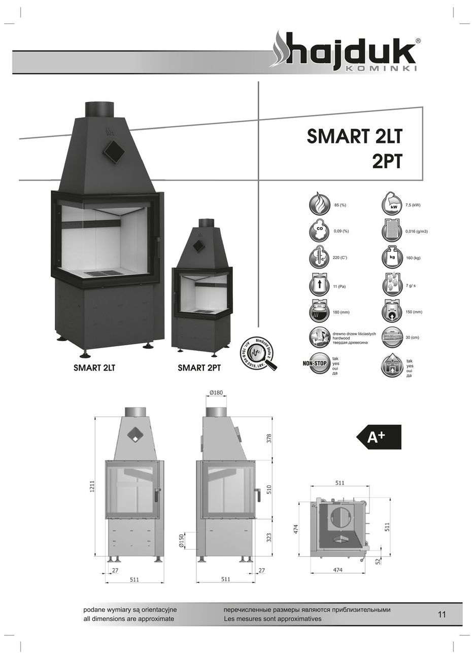 Hajduk Smart 2LT lub 2PT wymiary wkładu kominkowego Hajduk Smart 2LT lub 2PT