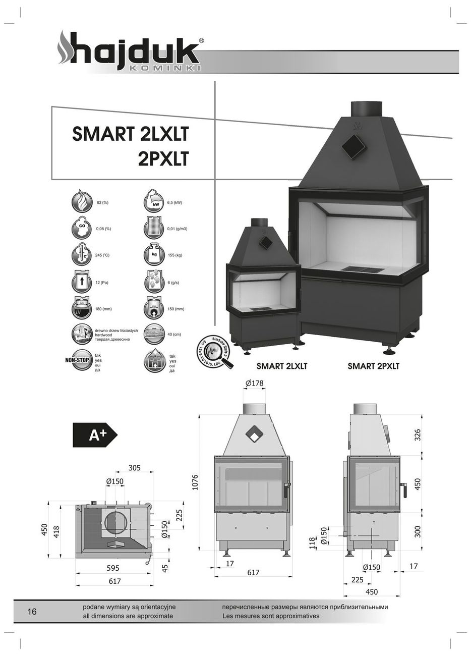 Hajduk Smart 2LXLT lub 2PXLT wymiary wkładu kominkowego Hajduk Smart 2LXLT lub 2PXLT