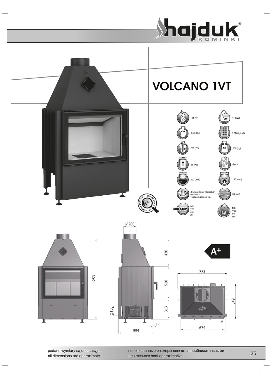 Hajduk Volcano 1 VT wymiary wkładu kominkowego Hajduk Volcano 1VT