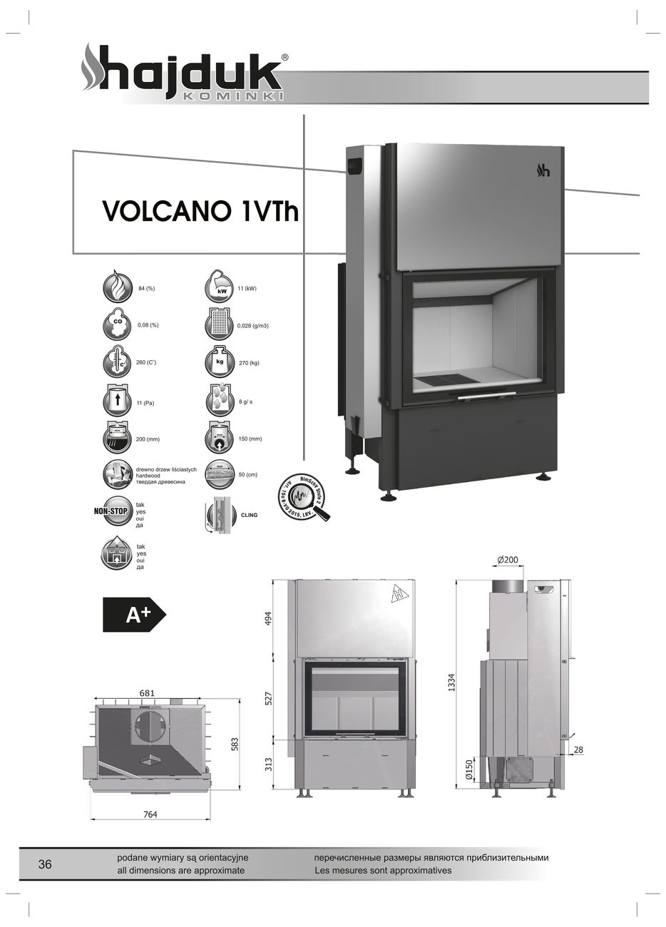 Hajduk Volcano 1 VTh wymiary wkładu kominkowego Hajduk Volcano 1VTh