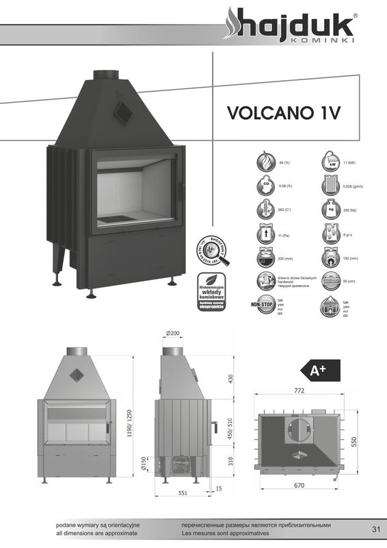Hajduk Volcano 1V wymiary wkładu kominkowego Hajduk Volcano 1V