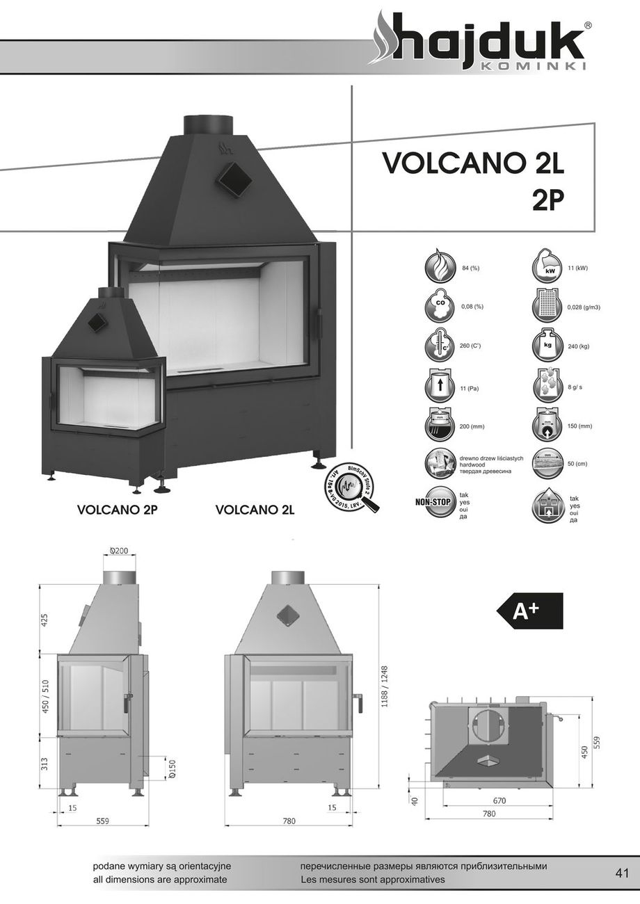 Hajduk Volcano 2P lub 2L wymiary wkładu kominkowego Hajduk Volcano 2L lub 2P