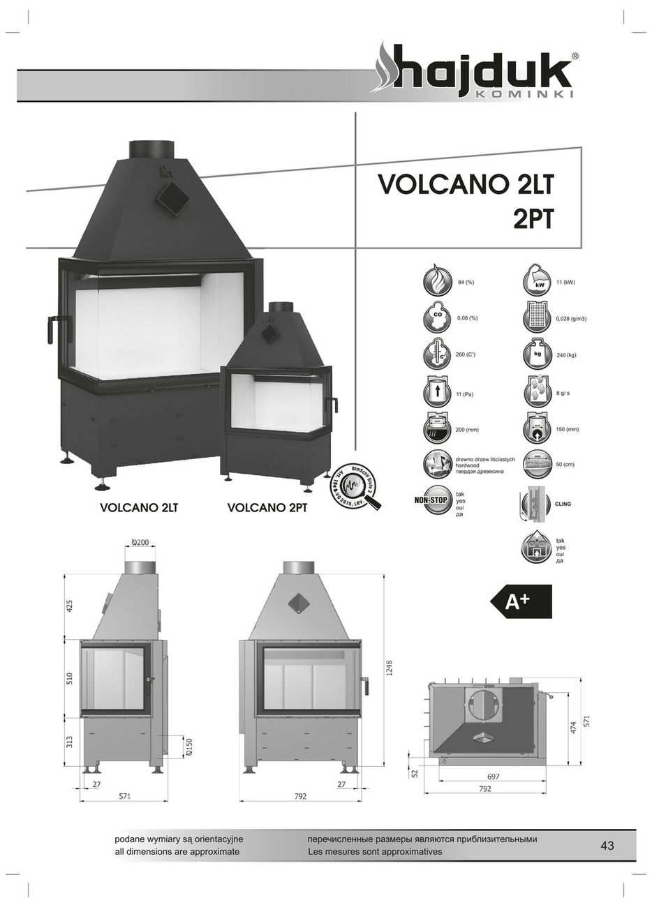Hajduk Volcano 2PT lub 2LT wymiary wkładu kominkowego Hajduk Volcano 2LT lub 2PT